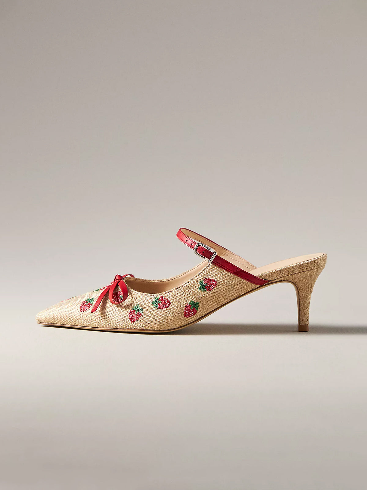 Pink Canvas Pointed-Toe Strawberry Embroidery Bridge Strap Kitten Heels With Bow