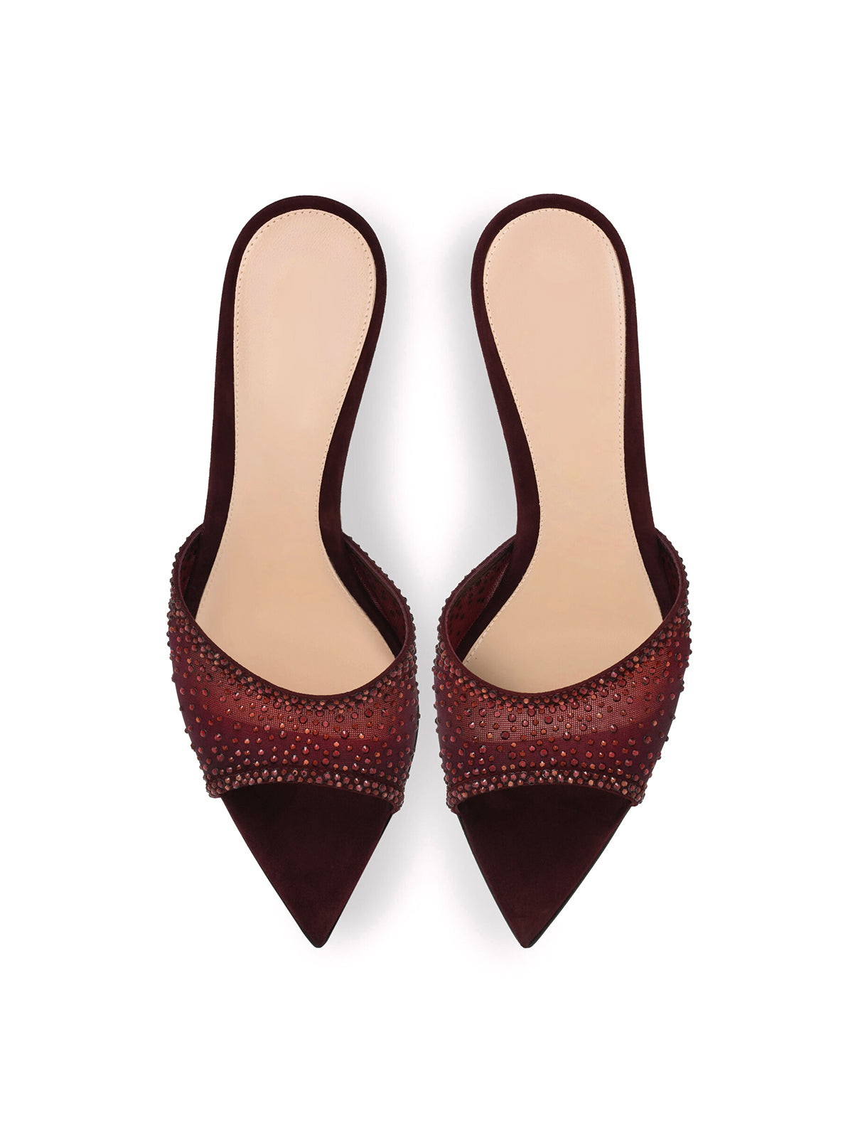 Rhinestones Mesh Open Pointed-Toe Backless Slip-On High Heels – Red