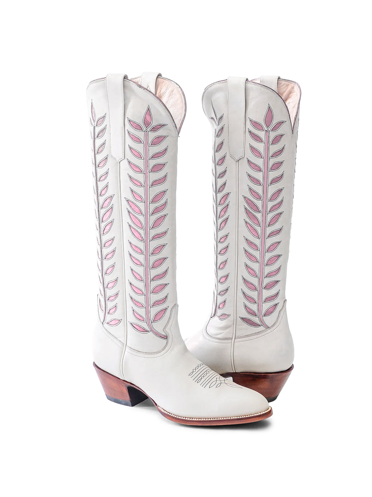 Almond-Toe Pink Leaves Inlay Wide Calf Tall Knee High Cowgirl Boots - White