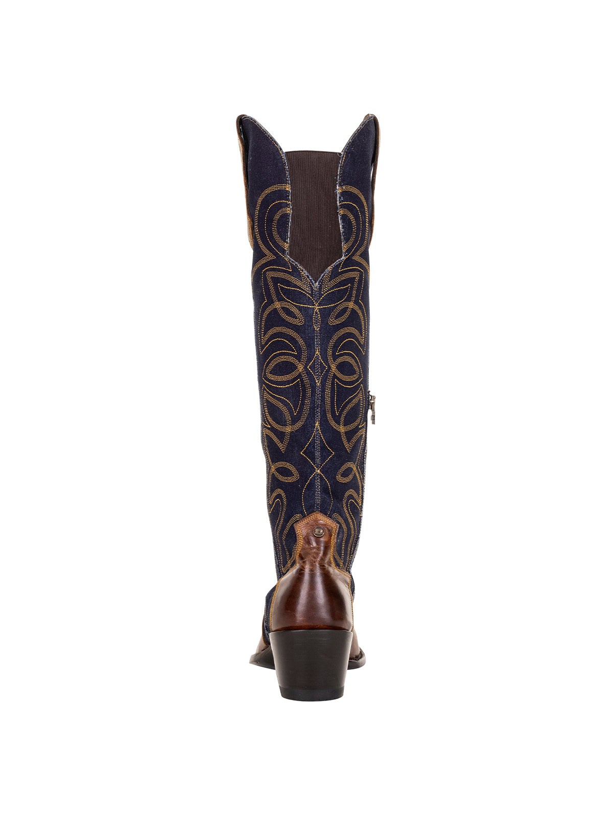 Contrast Blue Denim And Vegan Leather Almond-Toe Embroidery Half-Zip Knee High Cowgirl Boots