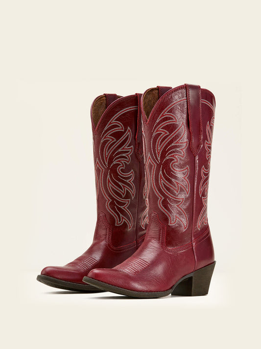 Mid Calf Almond-Toe Embroidery Cowgirl Boots - Burgundy