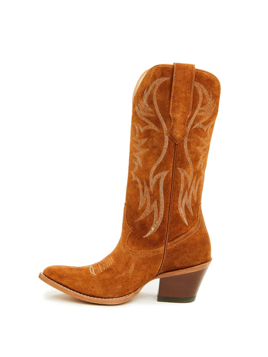 Faux Suede Wings Embroidery Pointed-Toe Mid Calf Cowgirl Boots - Cognac