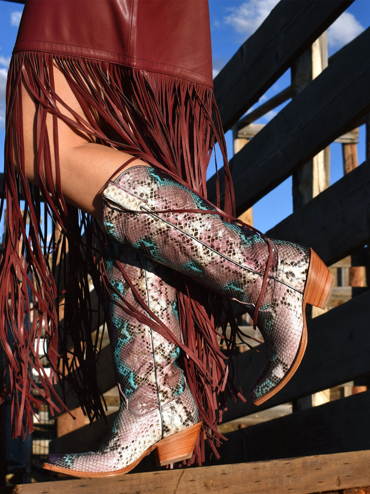 Purple Snakeskin Print Snip-Toe Sleek Wide Calf Knee High Cowgirl Boots