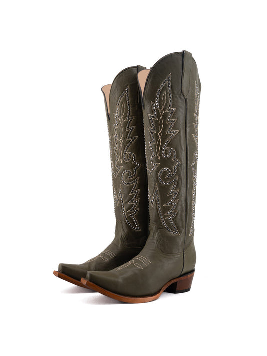 Studs And Embroidery Snip-Toe Classic Half-Zip Knee High Cowgirl Boots – Green