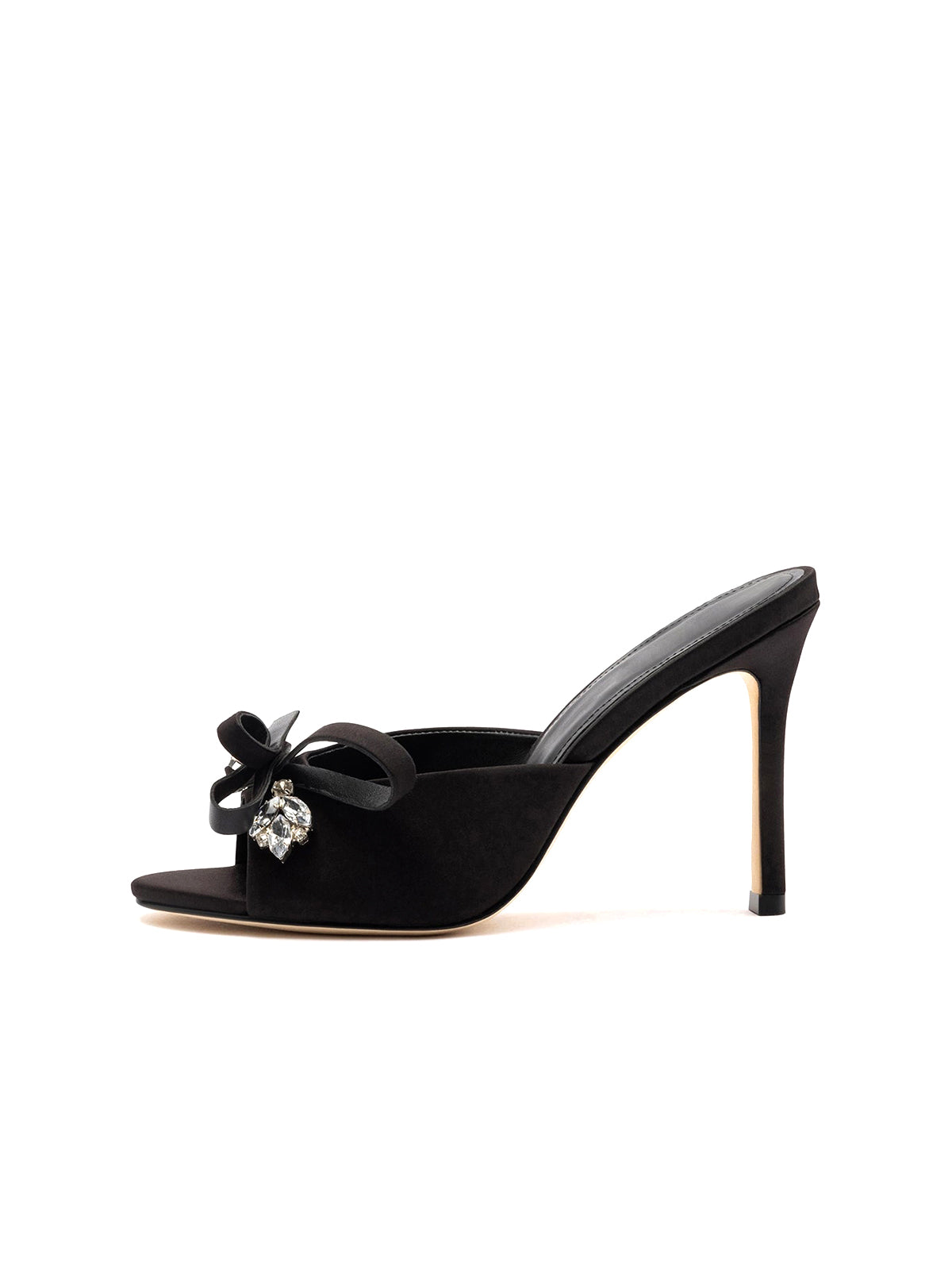 Black Satin Open Round-Toe Front Bow And Crystals High Heels