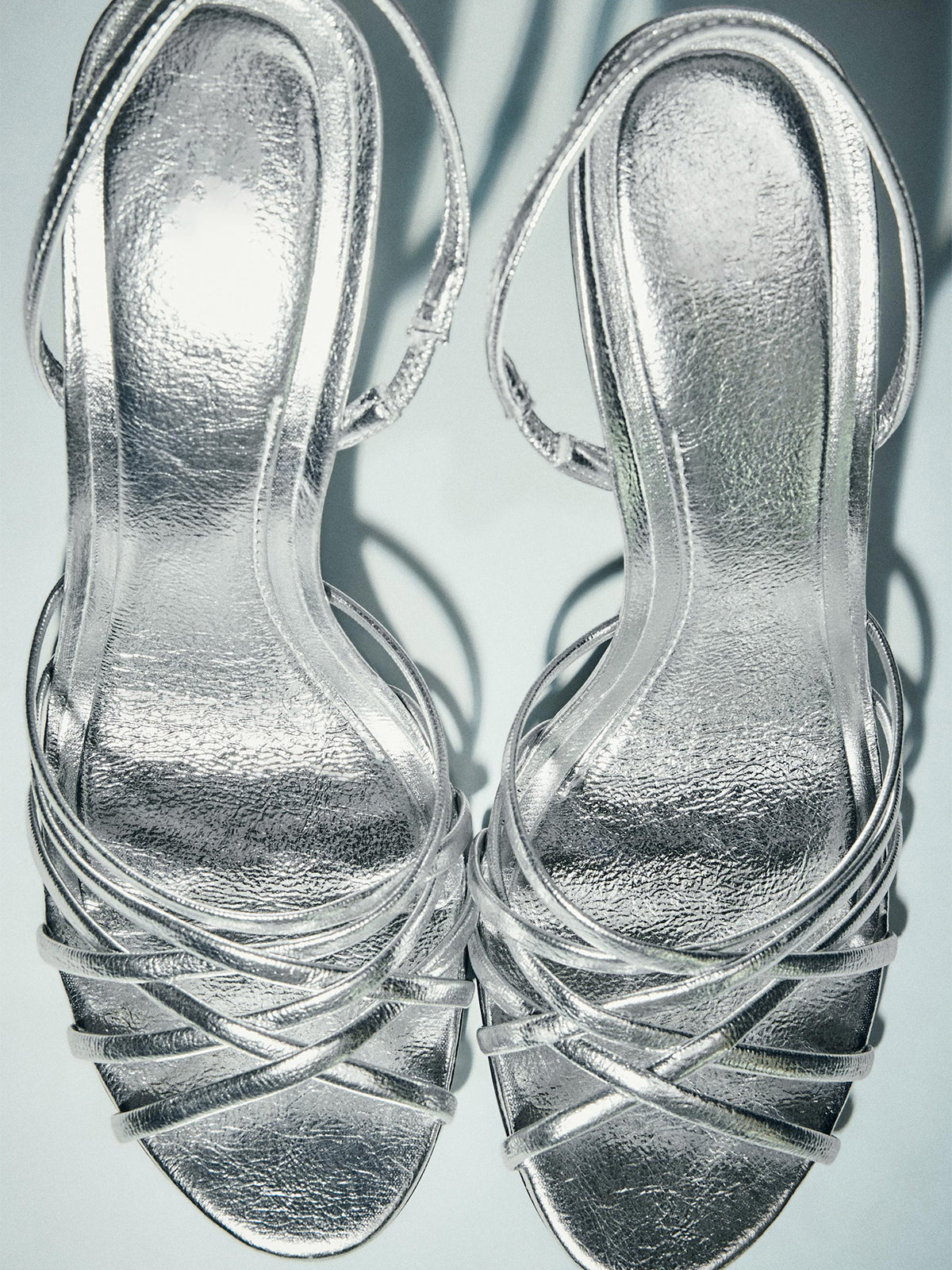 Metallic Silver Round-Toe Front Crossover Straps Slingback High Heels