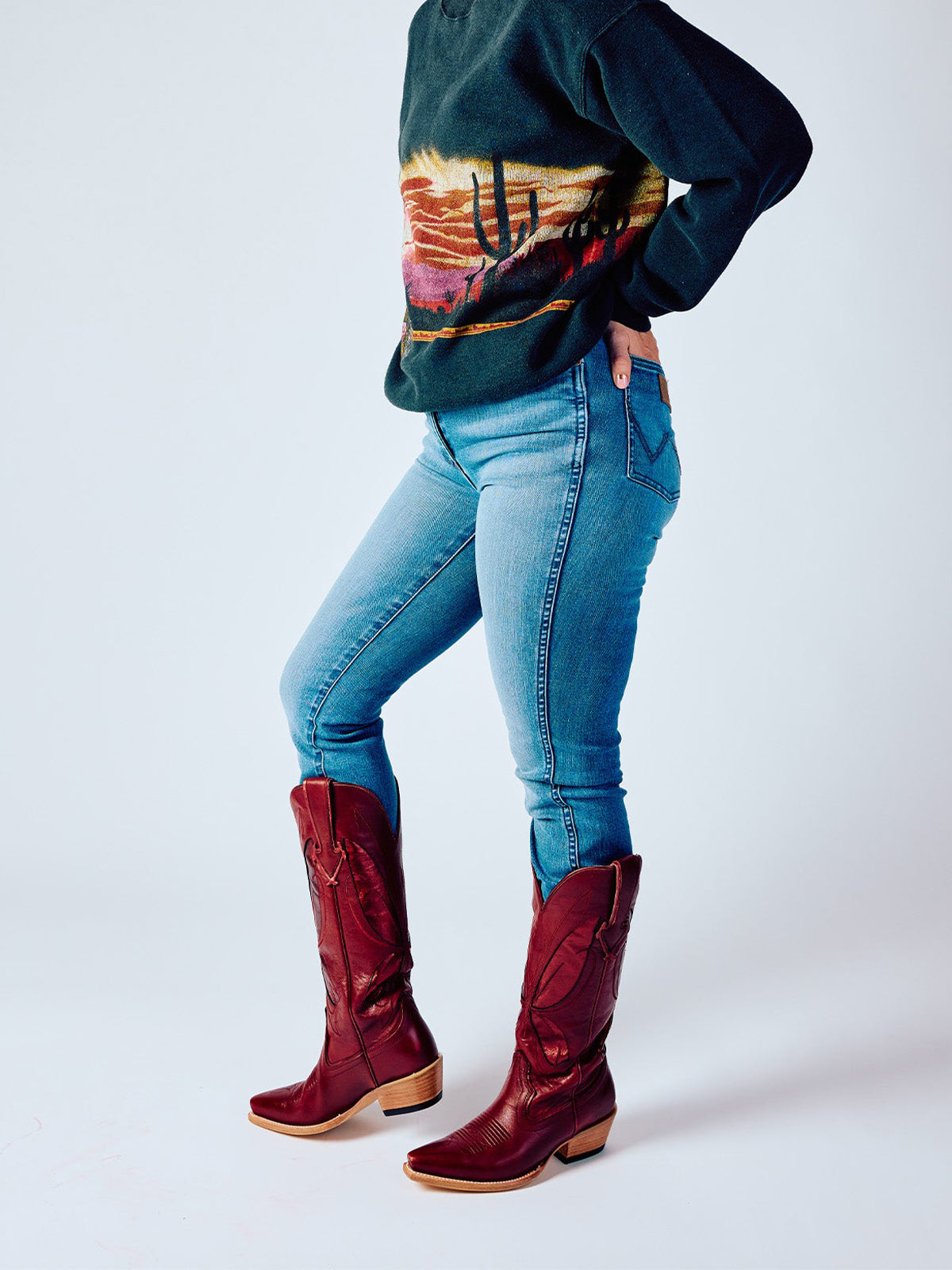 Red Snip-Toe Metallic Butterfly Inlay Wide Calf Knee High Cowgirl Boots