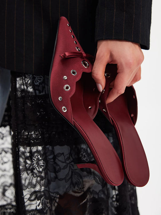Red Satin Pointed-Toe Front Knot And Studs And Eyelets Kitten Heels