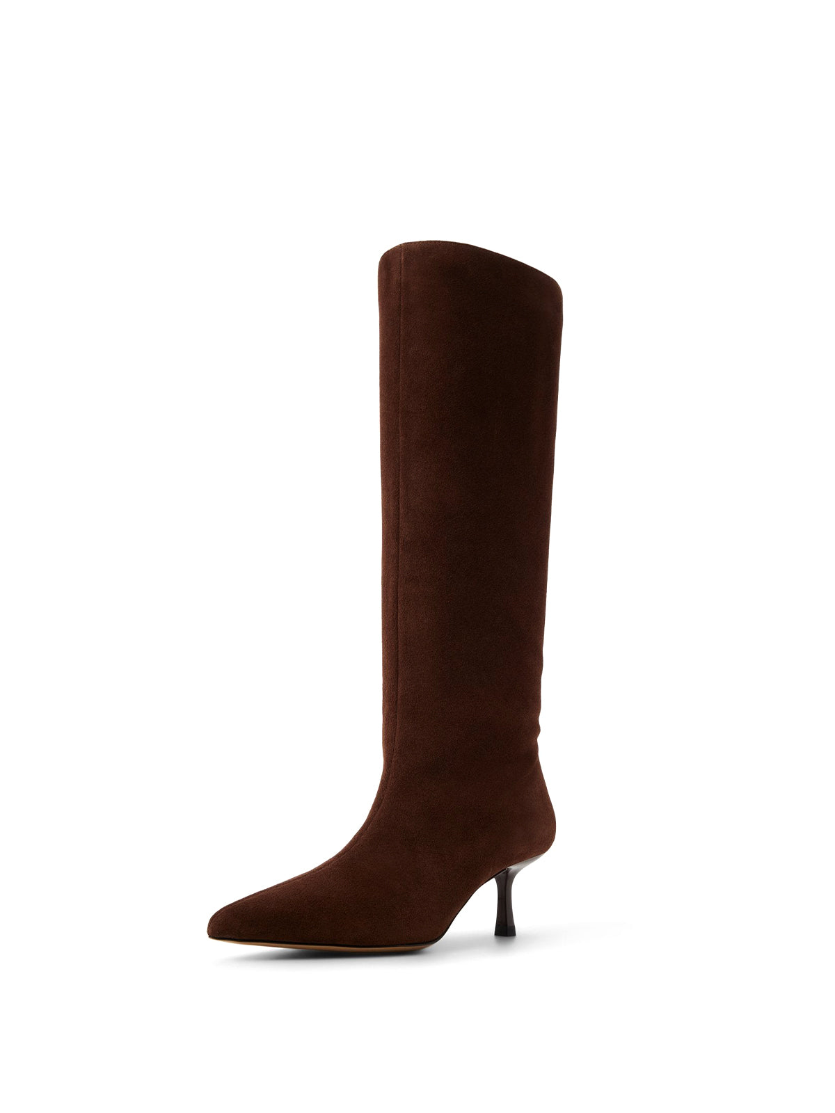 Dark Brown Faux Suede Pointed-Toe Wide Calf Knee High Stiletto Boots
