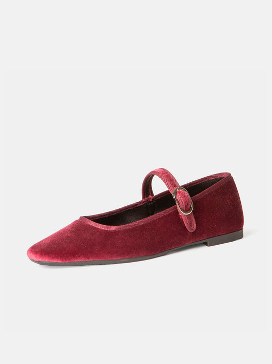 Wine Red Velvet Square-Toe Classic Bridge Strap Ballet Flats