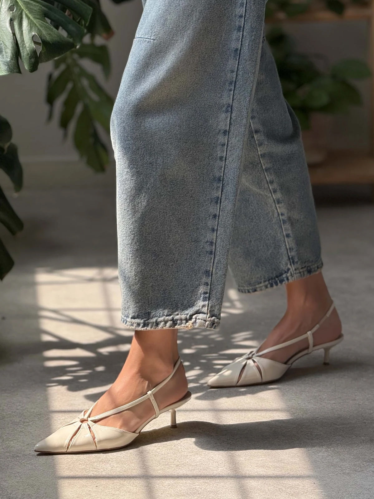 Beige Pointed-Toe Elastic Strap Slingback Kitten Heels