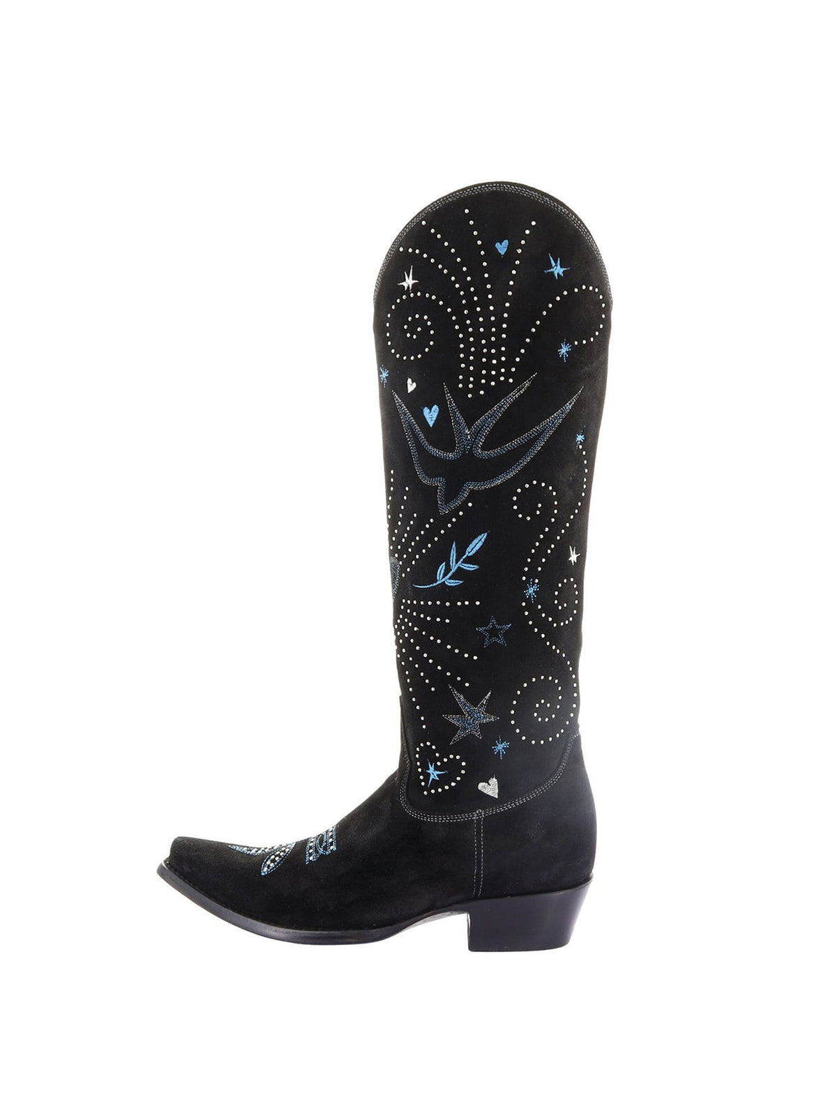 Black Faux Suede Snip-Toe Cosmic Embroidery Little Rhinestones Half-Zip Knee High Cowgirl Boots