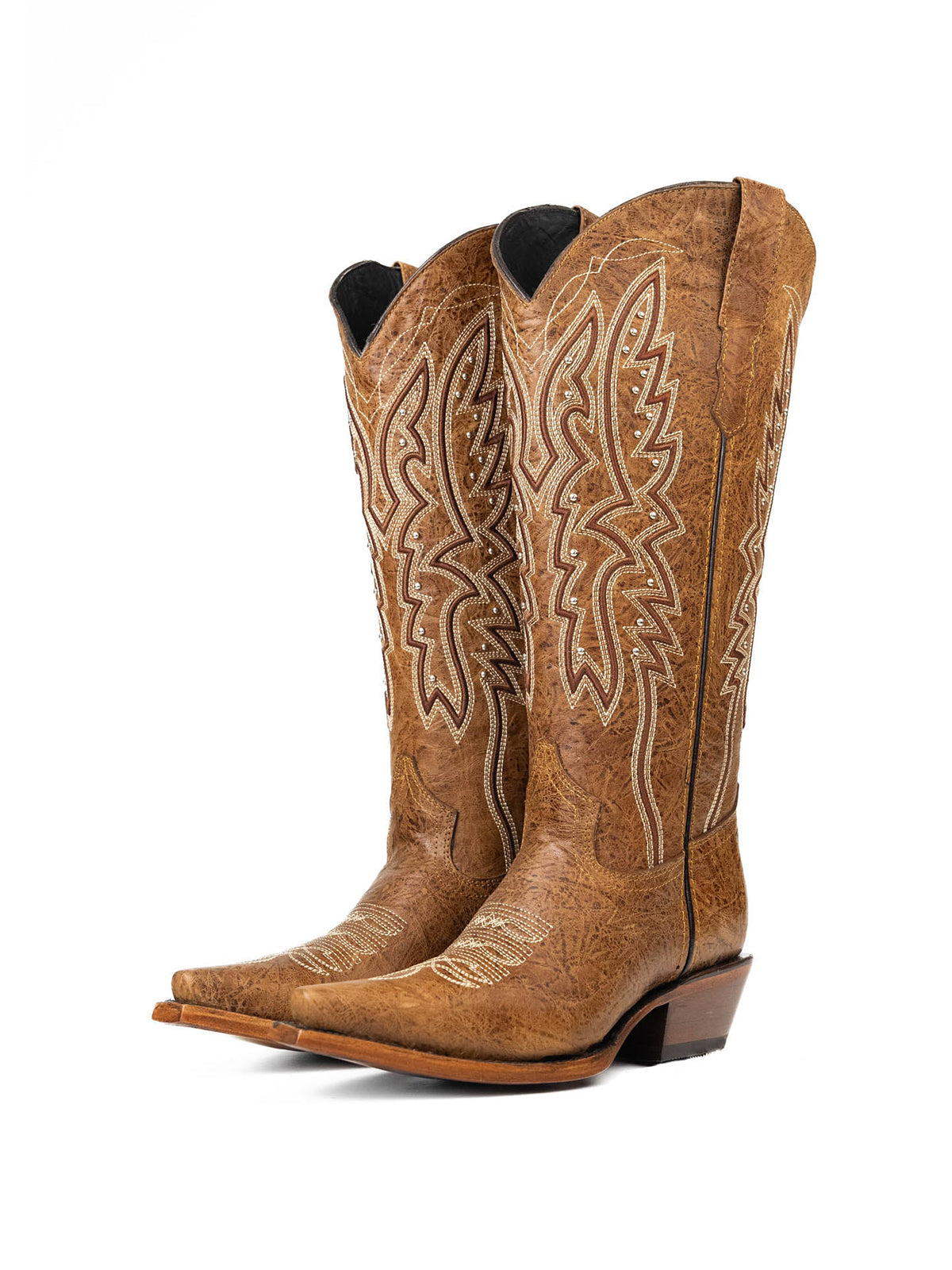 Western Snip-Toe Embroidery Half-Zip Knee High Cowgirl Boots - Dark Tan