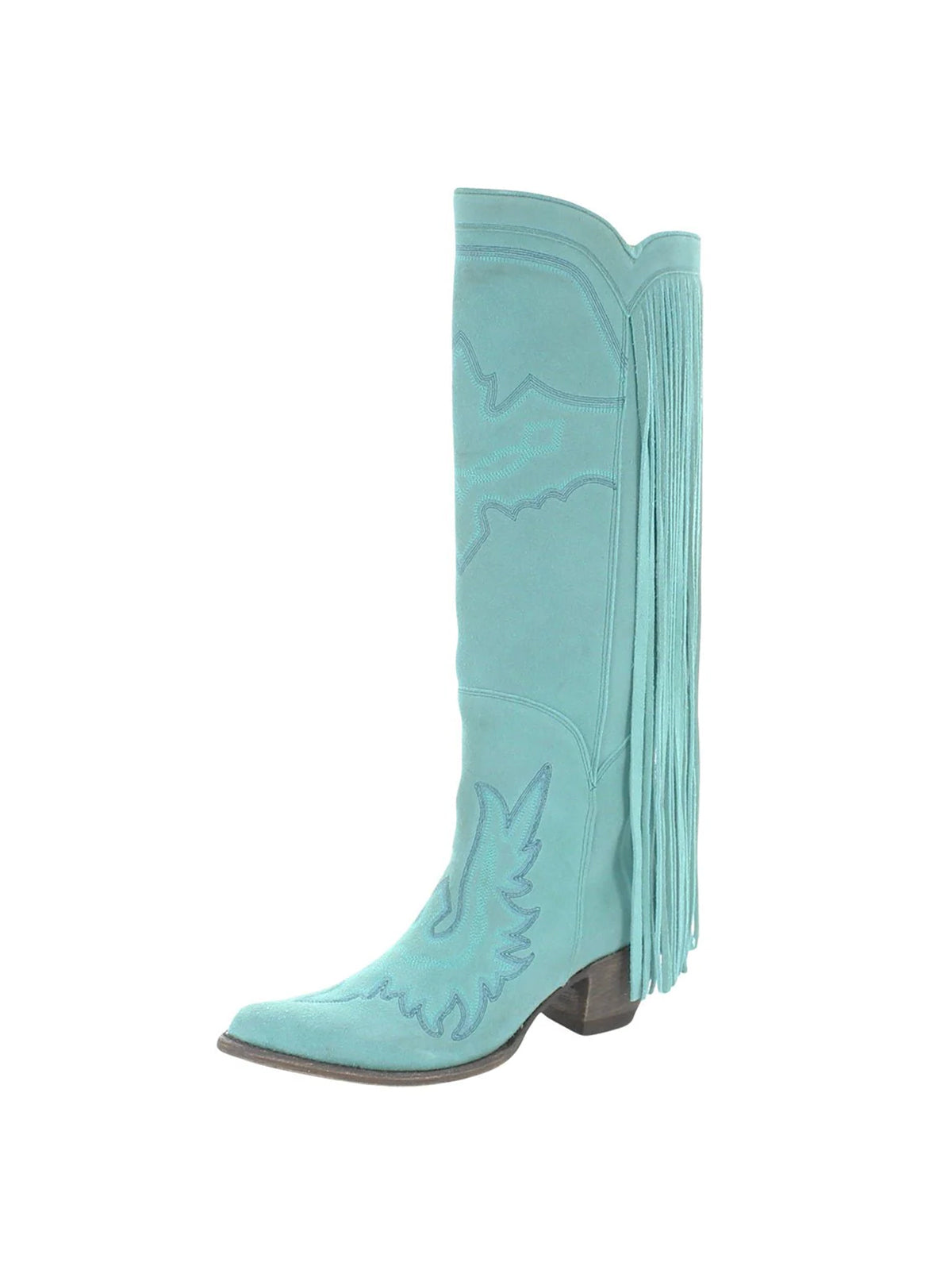 Almond-Toe Faux Suede Fringe Full-Zip Embroidery Knee High Cowgirl Boots - Turquoise