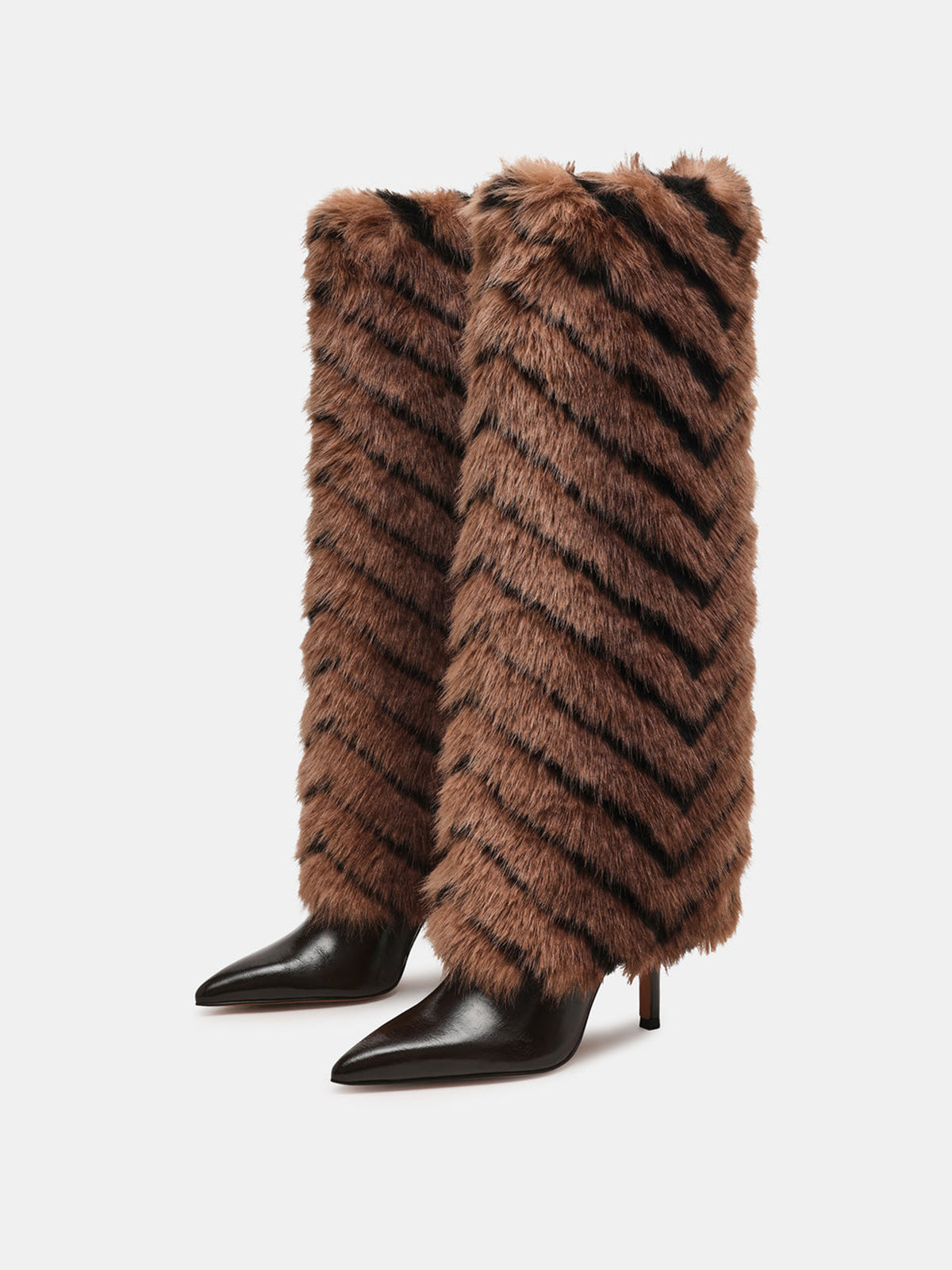 Tan And Black Pointed-Toe Plush Shaft Chic Wide Calf Knee High Stiletto Boots