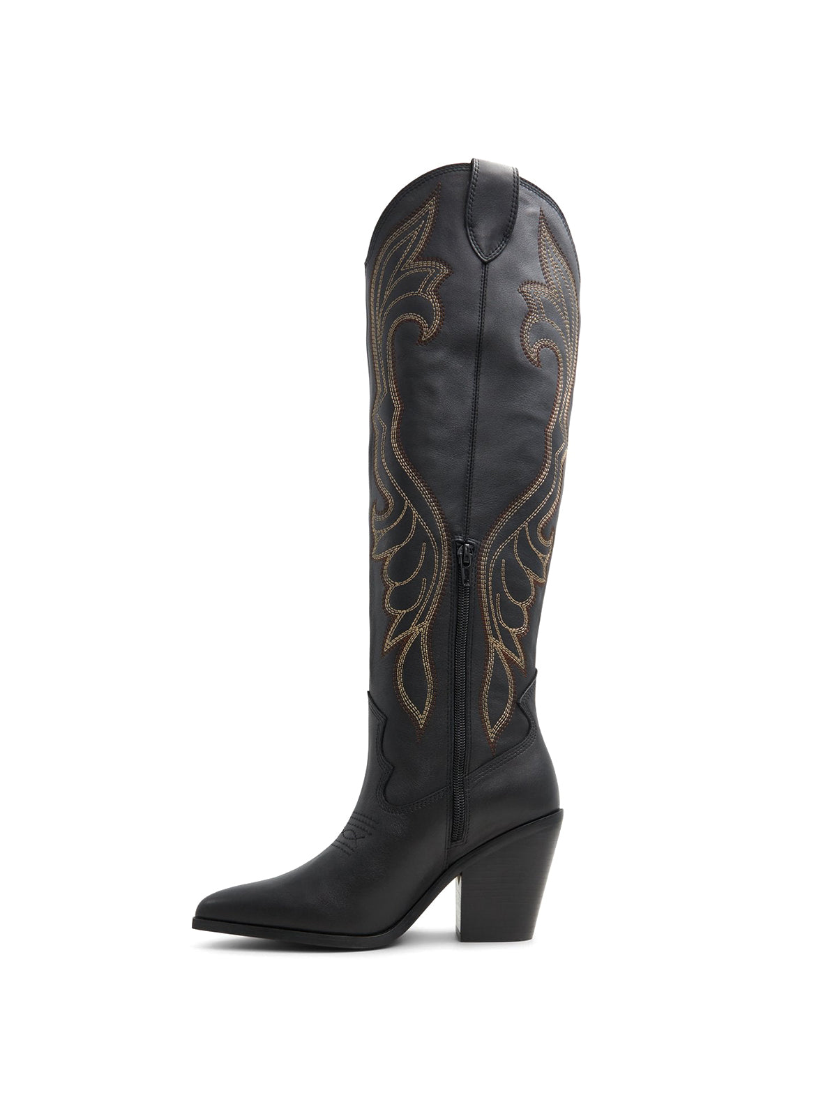 Black Pointed-Toe Embroidery Classic Half-Zip Knee High Cowgirl Boots