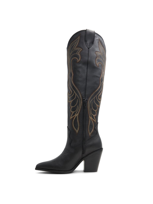 Black Pointed-Toe Embroidery Classic Half-Zip Knee High Cowgirl Boots