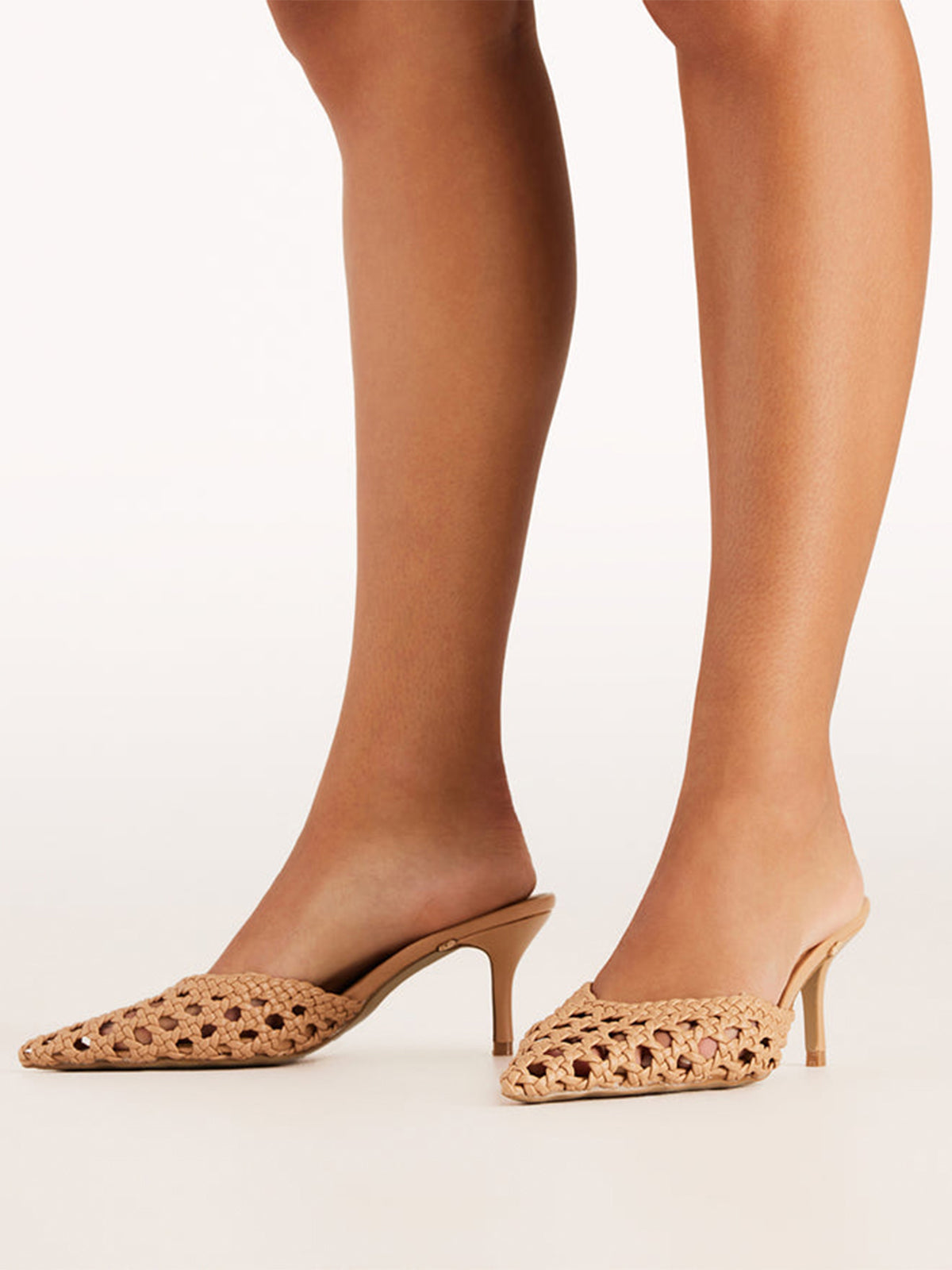 Sand Vegan Leather Woven Pointed-Toe Backless High Heels