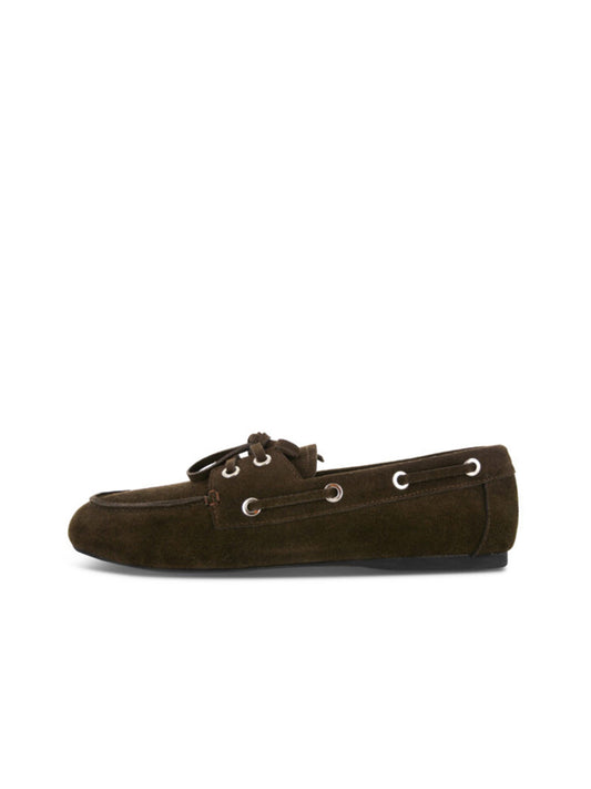 Chocolate Faux Suede Round-Toe Lace-Up Classic Boat Shoes Flats