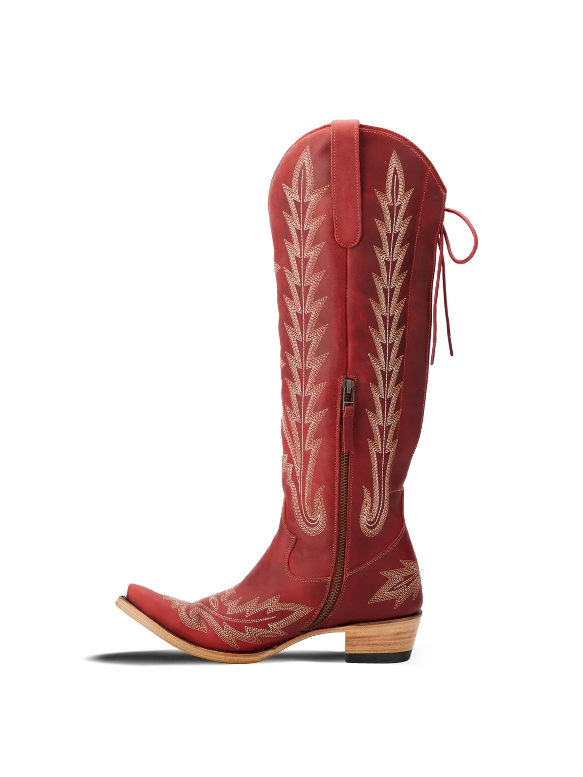 Snip-Toe Embroidery Half-Zip Back Lace-Up Knee High Cowgirl Boots - Ruby Red
