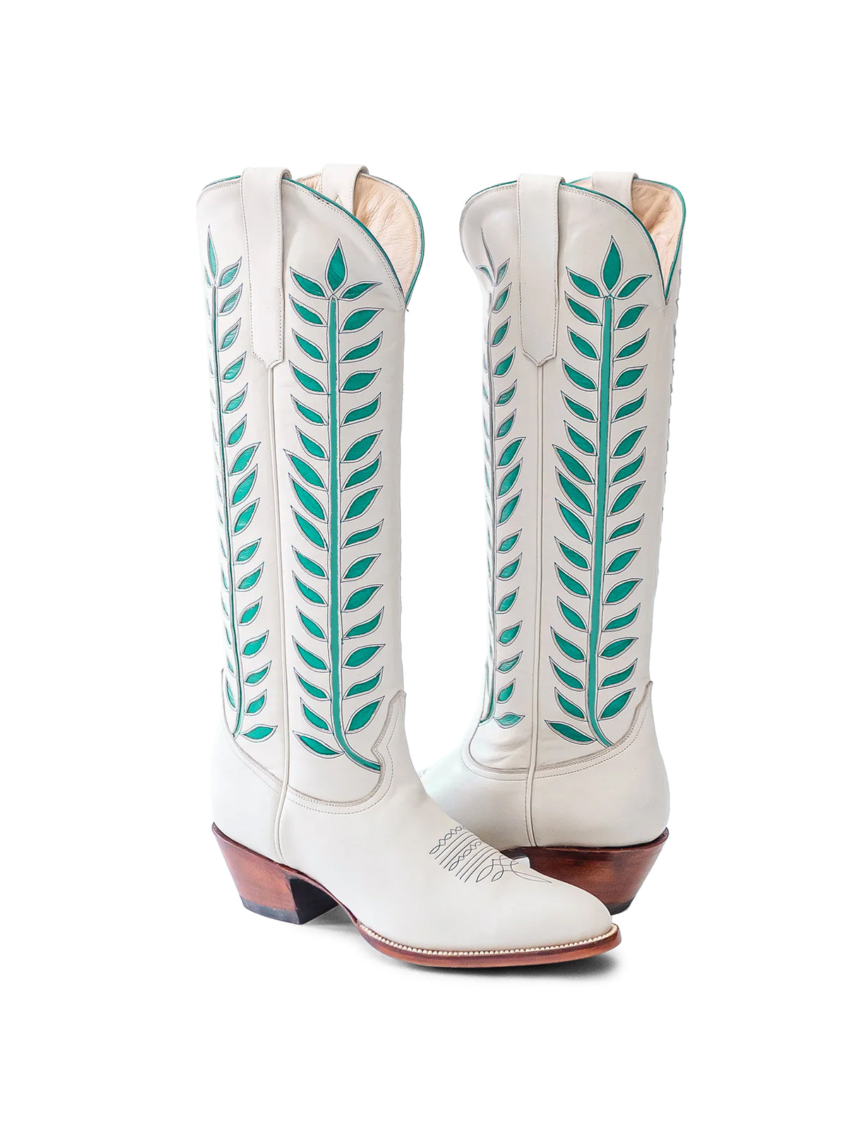 Almond-Toe Turquoise Leaves Inlay Wide Calf Tall Knee High Cowgirl Boots - White