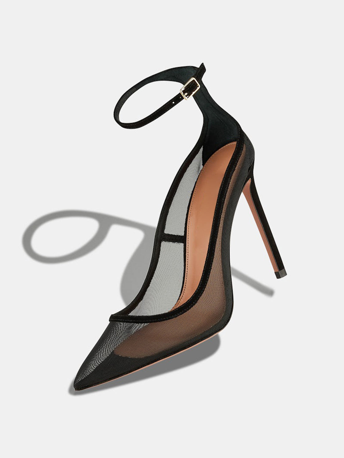 Black Mesh Pointed-Toe High Heels Pumps With Ankle Strap