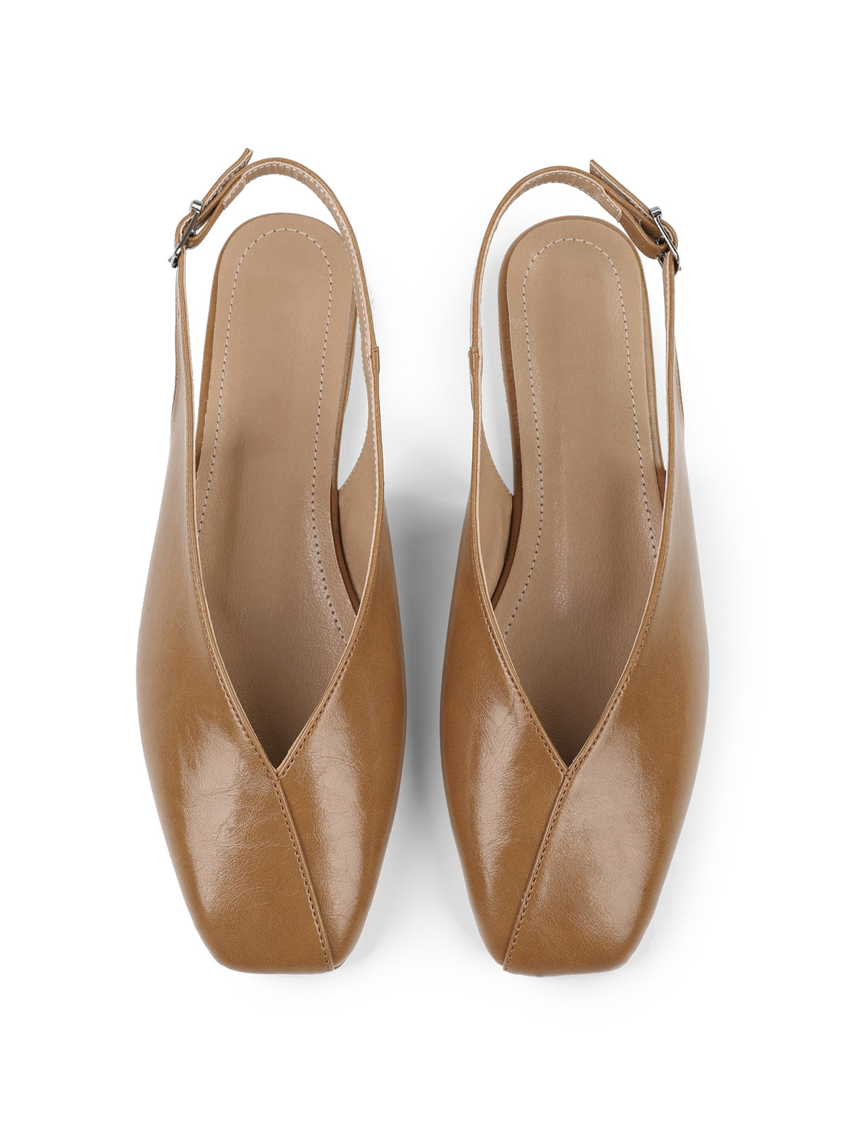 Camel Square-Toe Classic Buckle Back Strap Slip-On Flats