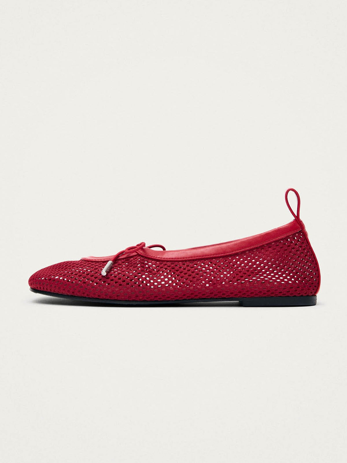 Red Mesh And Vegan Leather Square-Toe Middle Bow Ballet Flats