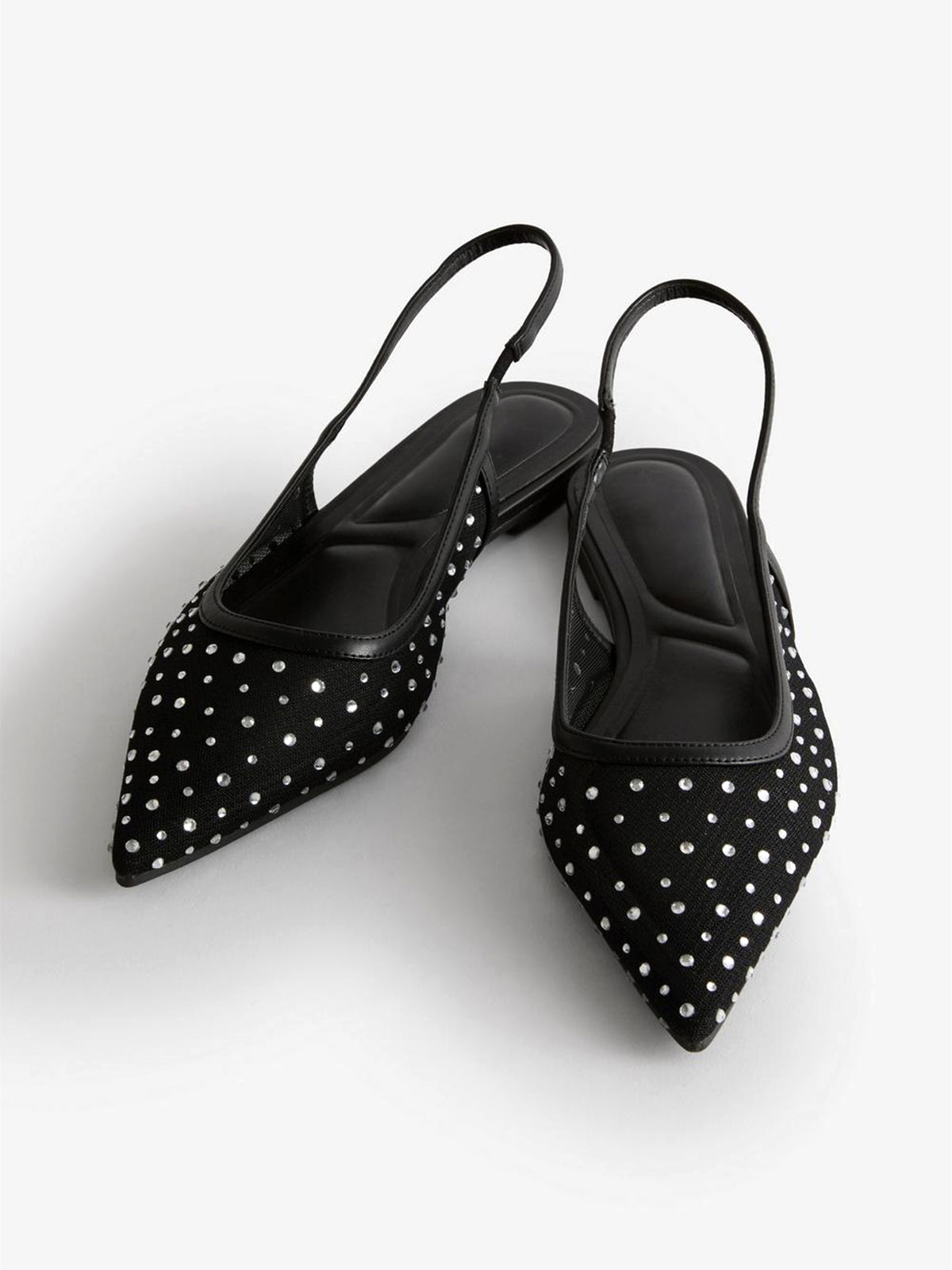 Black Mesh Rhinestone Pointed-Toe Slingback Flats