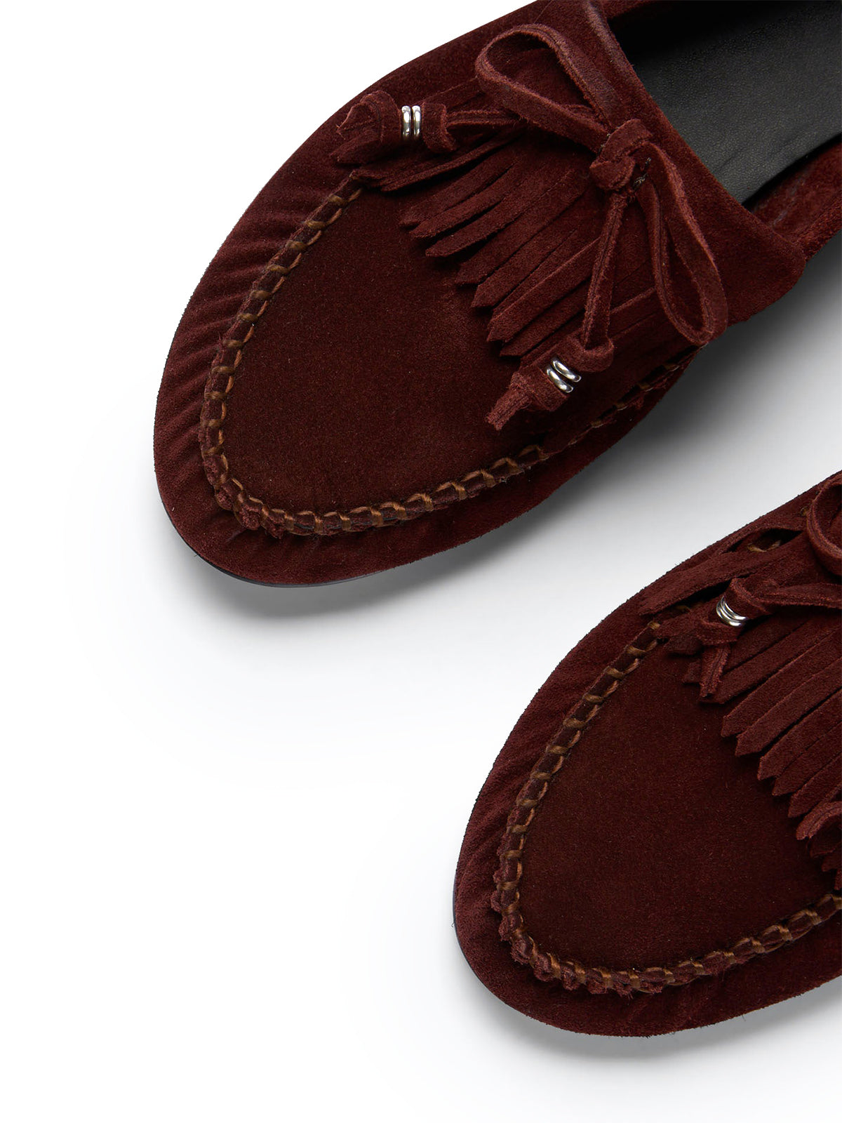 Burgundy Cow Suede Round-Toe Front Bow And Fringe Flats