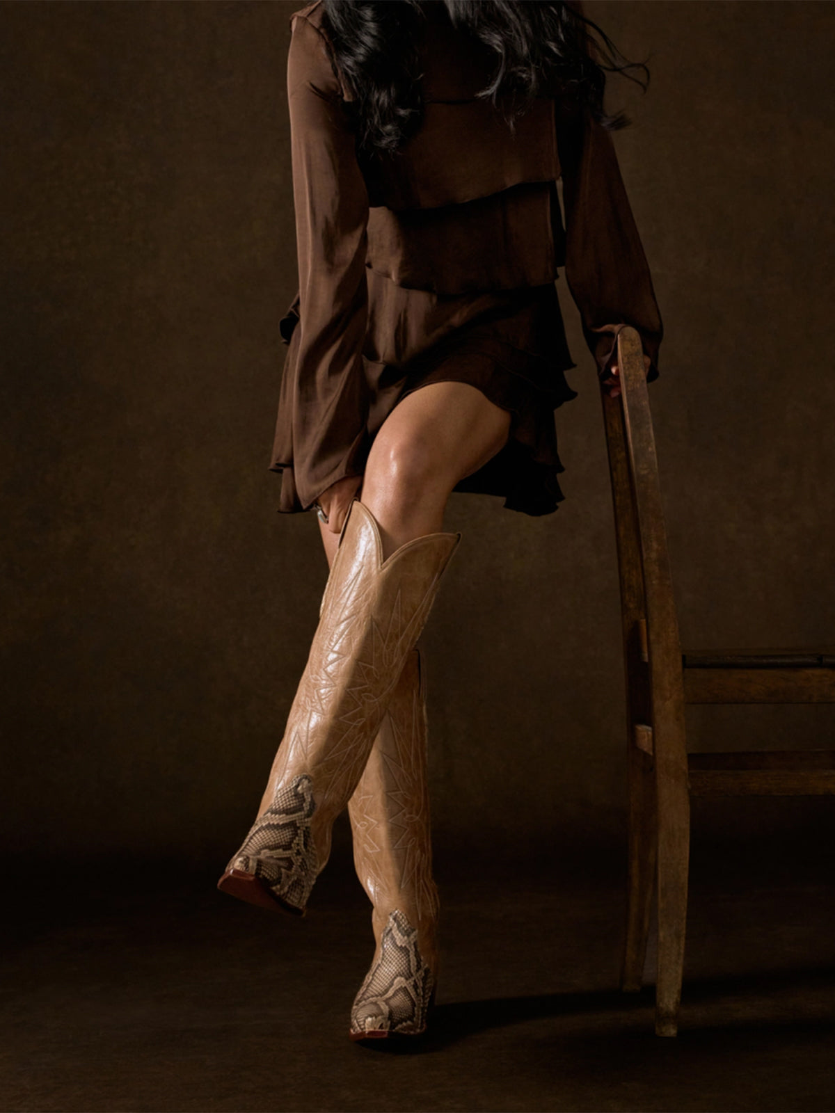 Sand Vegan Leather And Snakeskin Pattern Snip-Toe Embroidery Wide Calf Knee High Cowgirl Boots