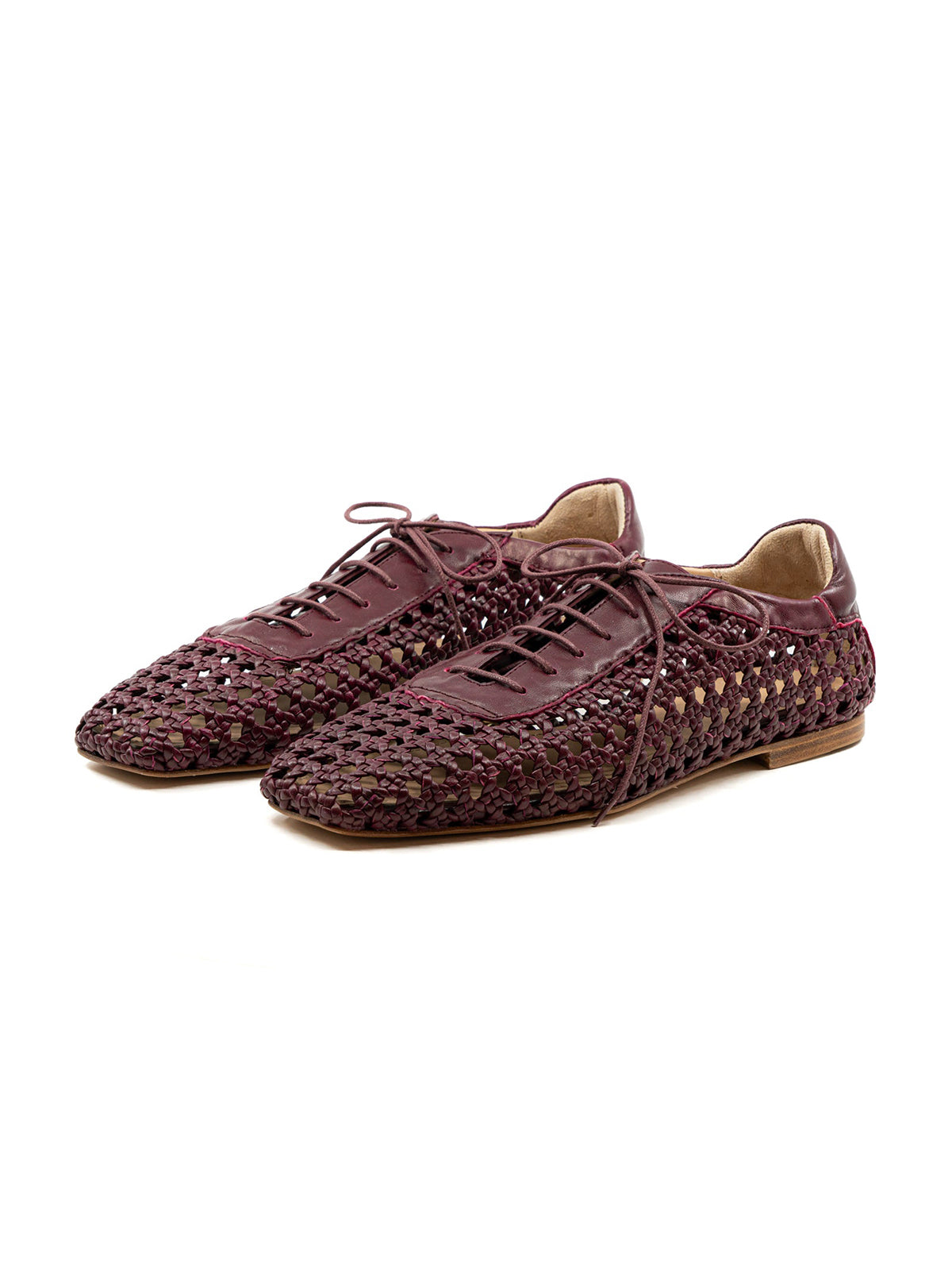 Burgundy Woven Vegan Leather Square-Toe Chic Lace-Up Flats