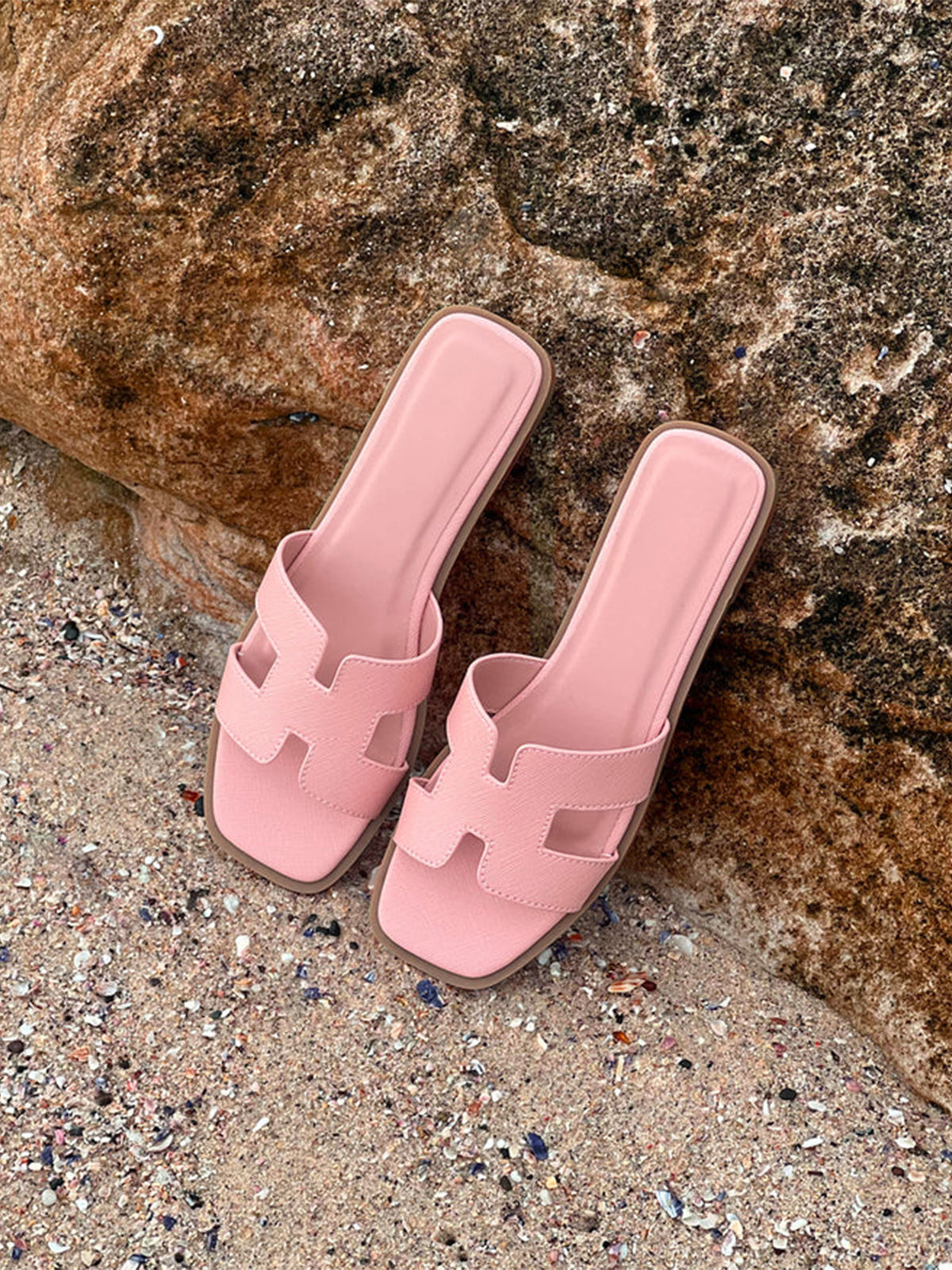 Pink Open Square-Toe Slip-On Simple Sandals Flats