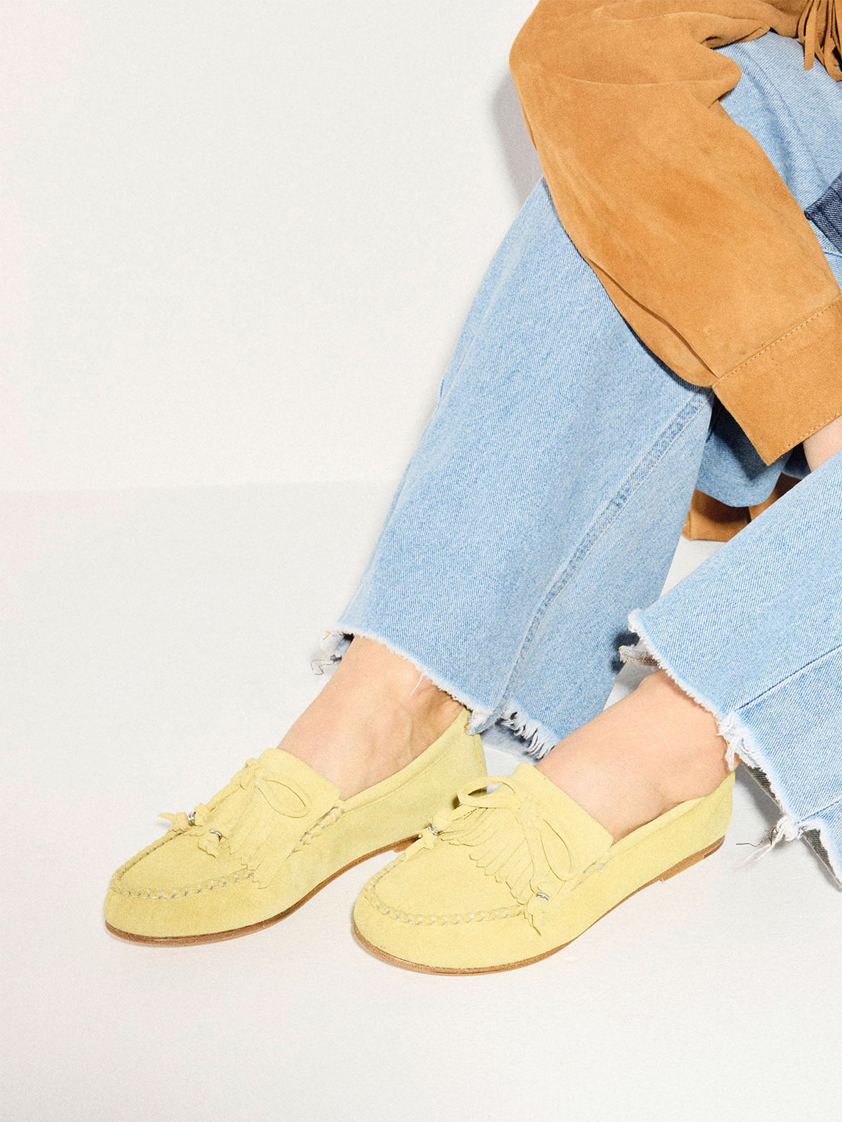 Yellow Cow Suede Round-Toe Front Fringe And Bow Loafers Flats