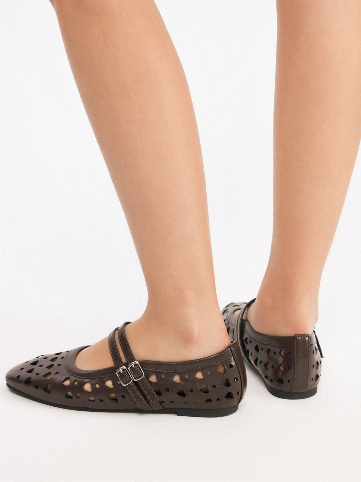 Coffee Square-Toe Heart Cutout Double Mary Jane Flats