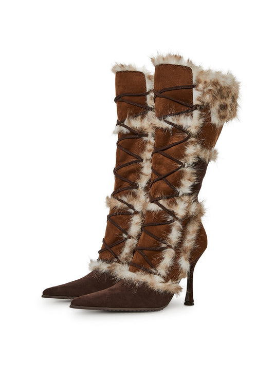Brown Faux Suede With Plush Pointed-Toe Crisscross Front Tie Full-Zip Knee High Stiletto Boots