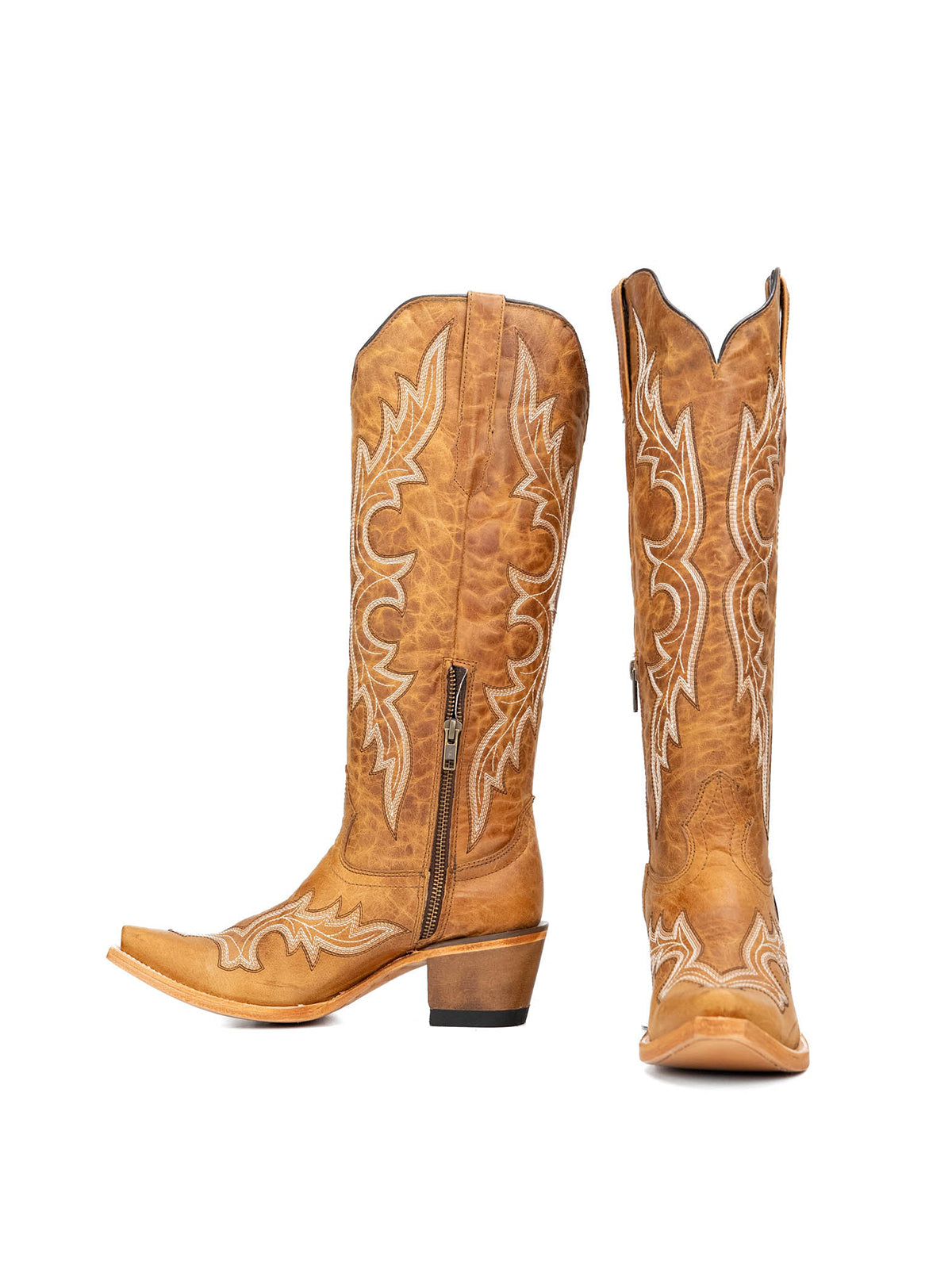Distressed Tan Snip-Toe Half-Zip Classic Embroidery Knee High Tall Cowgirl Boots