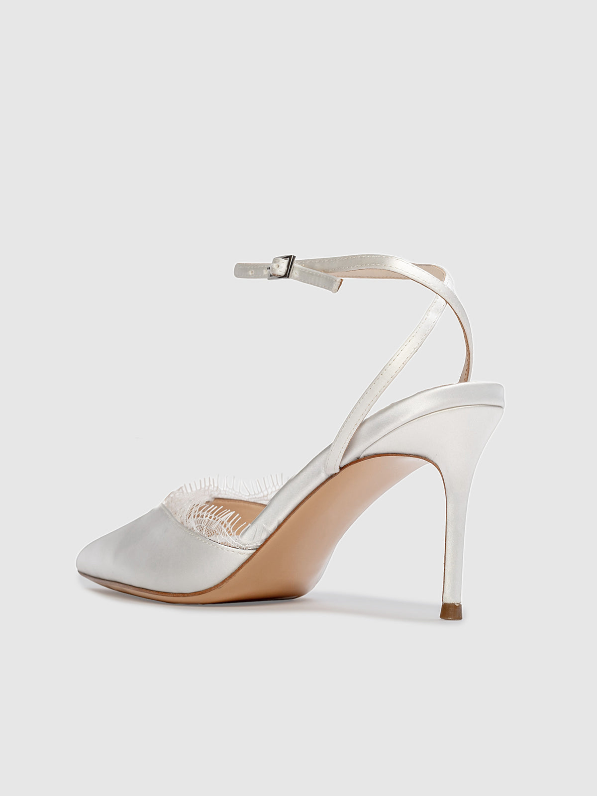 White Satin Pointed-Toe Lace Upper Ankle Strap High Heels