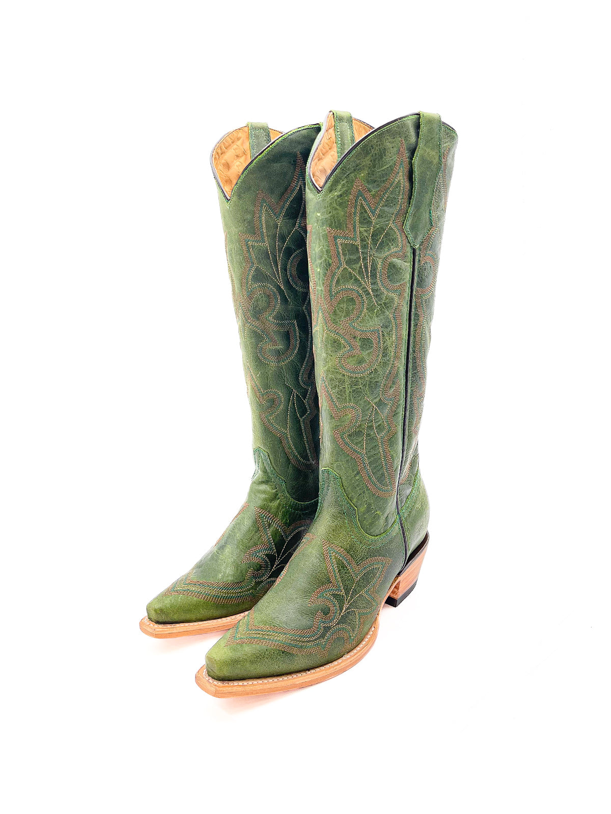 Distressed Green Snip-Toe Classic Embroidery Wide Calf Knee High Cowgirl Boots