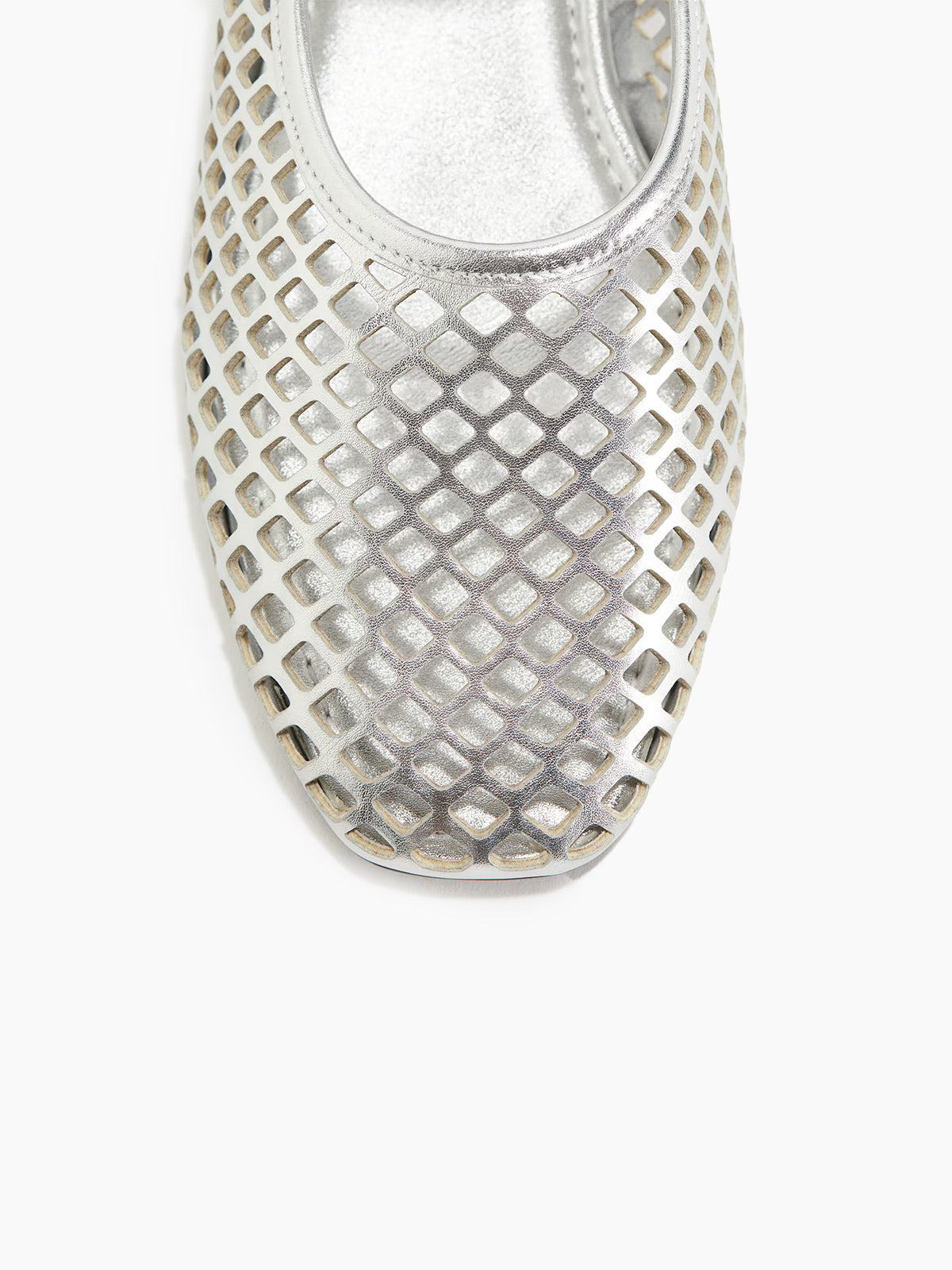 Perforated Square-Toe Bridge Strap Mary Jane Ballet Flats - Metallic Silver