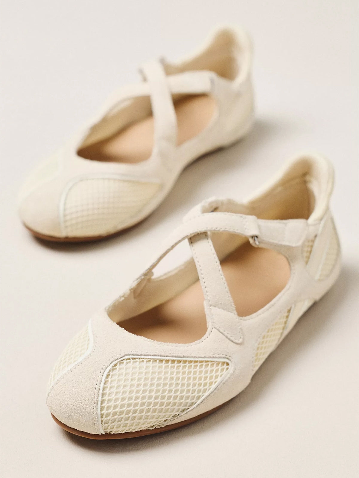 Beige Mesh And Cow Suede Round-Toe Middle Crossed Straps Sneakers