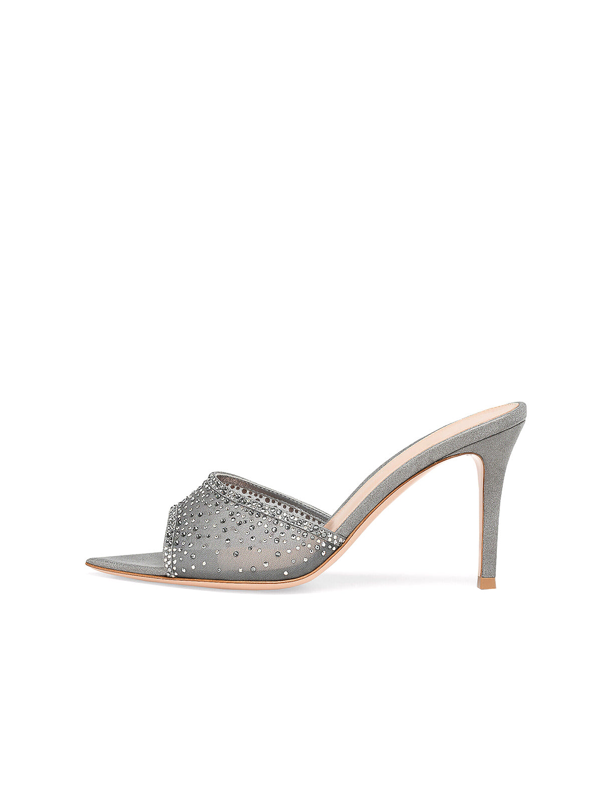 Rhinestones Mesh Open Pointed-Toe Backless Slip-On High Heels – Metallic Gray