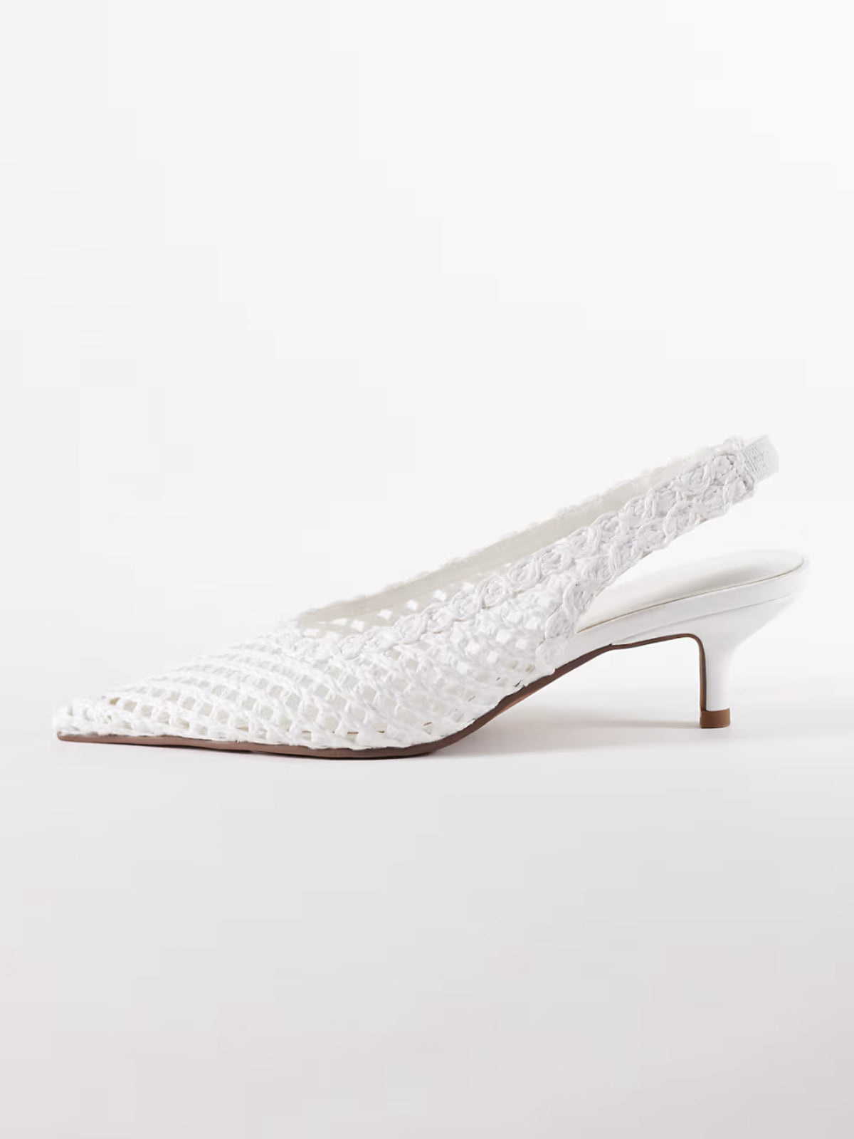 White Rope Weaving Pointed-Toe Classic Back Strap Kitten Heels