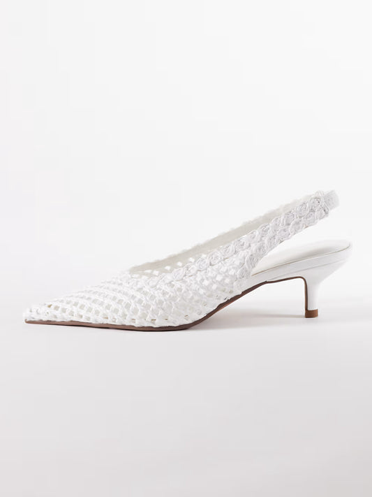 White Rope Weaving Pointed-Toe Classic Back Strap Kitten Heels