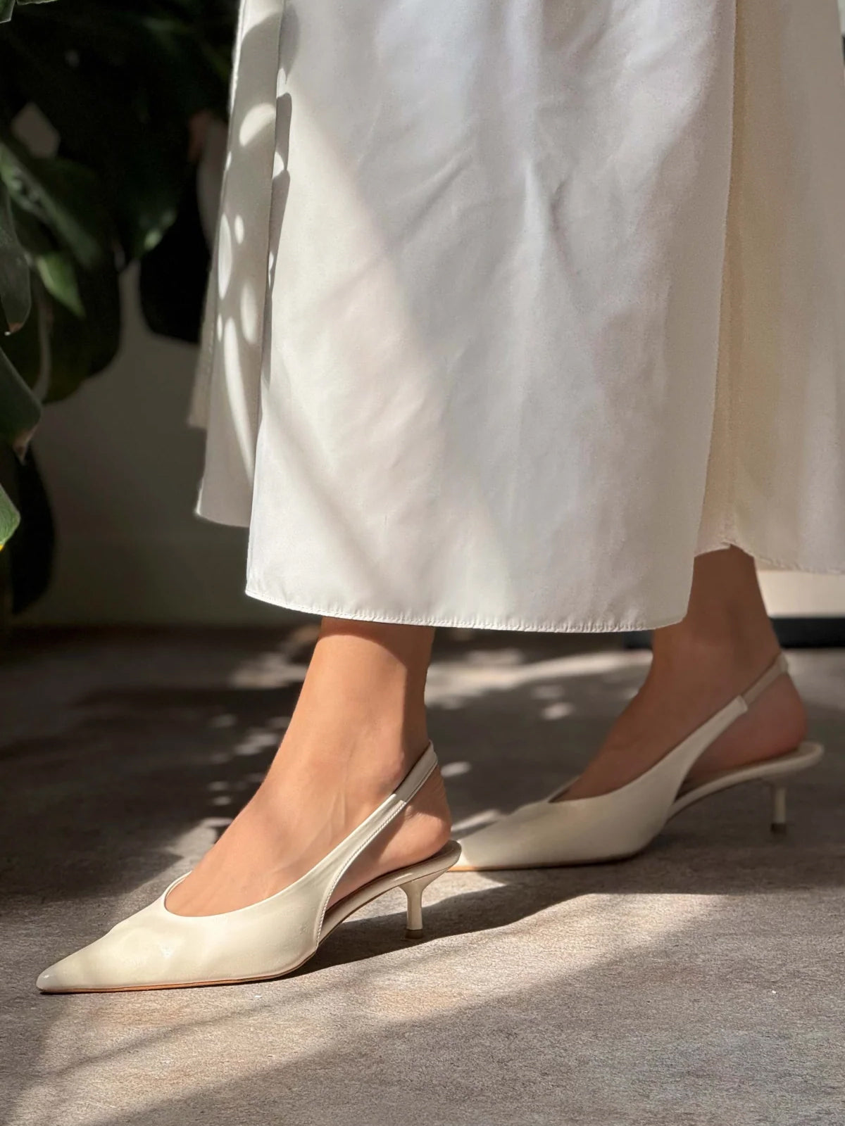 Slingback Pointed-Toe Kitten Heels - White