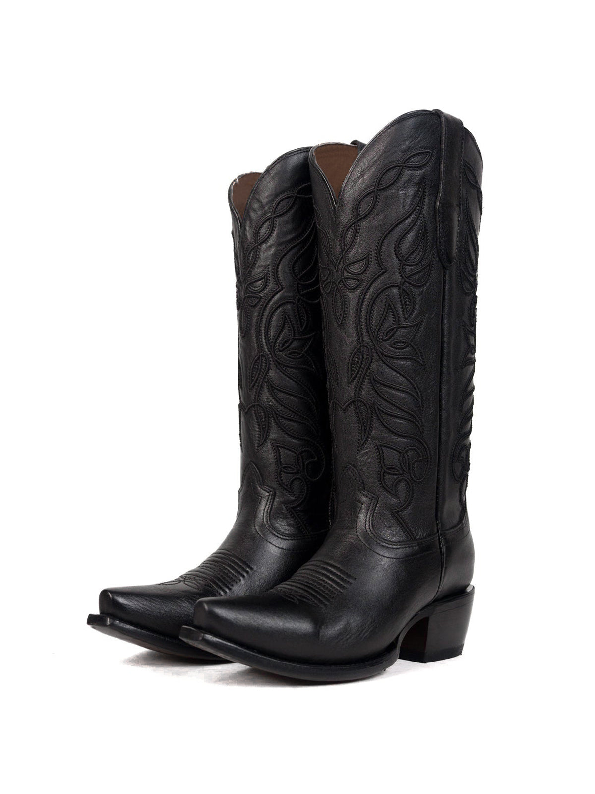 Snip-Toe Sleek Embroidery Half-Zip Knee High Cowgirl Boots For Woman - Black