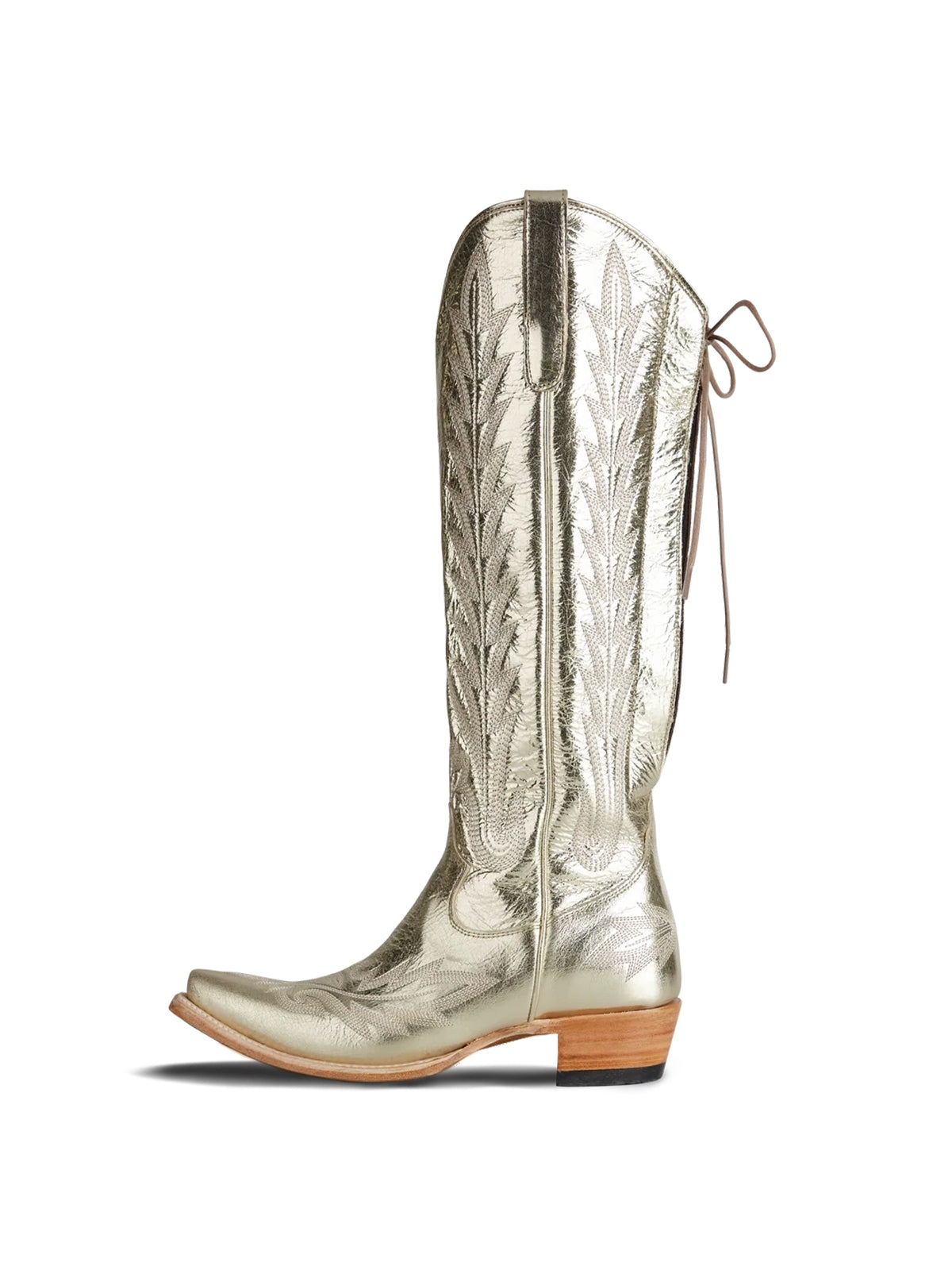 Snip-Toe Embroidery Half-Zip Back Lace-Up Knee High Cowgirl Boots - Metallic Champagne