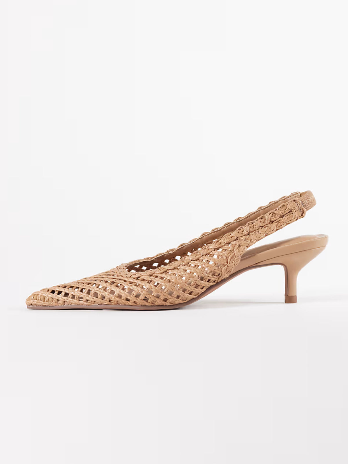 Tan Rope Weaving Pointed-Toe Classic Back Strap Kitten Heels