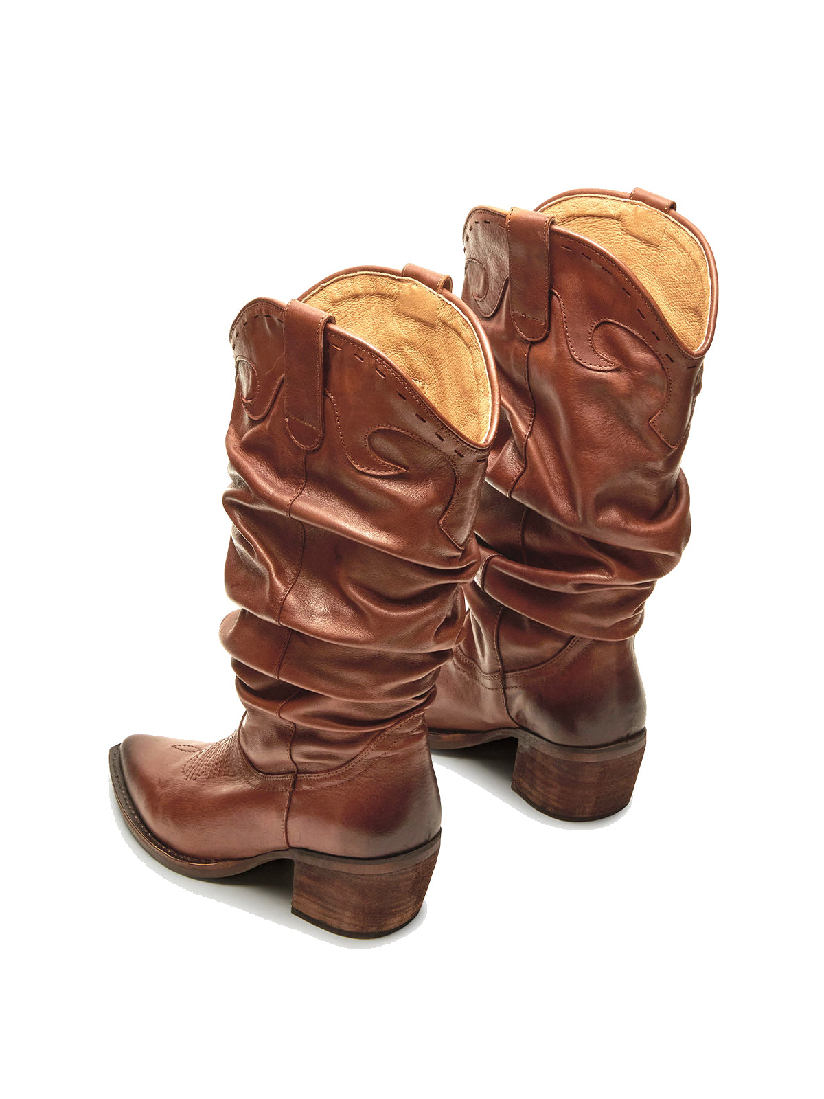 Cognac Snip-Toe Slouchy Mid Calf Cowgirl Boots