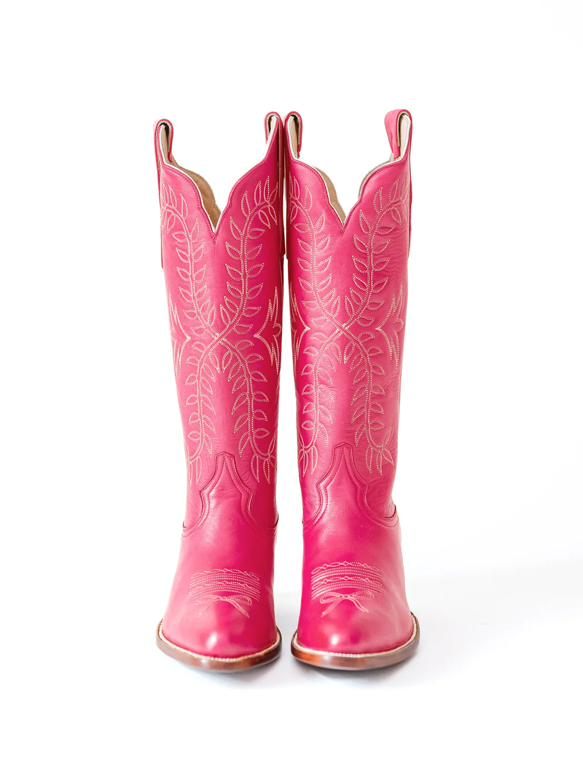 Leaves Embroidery Almond-Toe Wide Knee High Cowgirl Boots - Rose Red